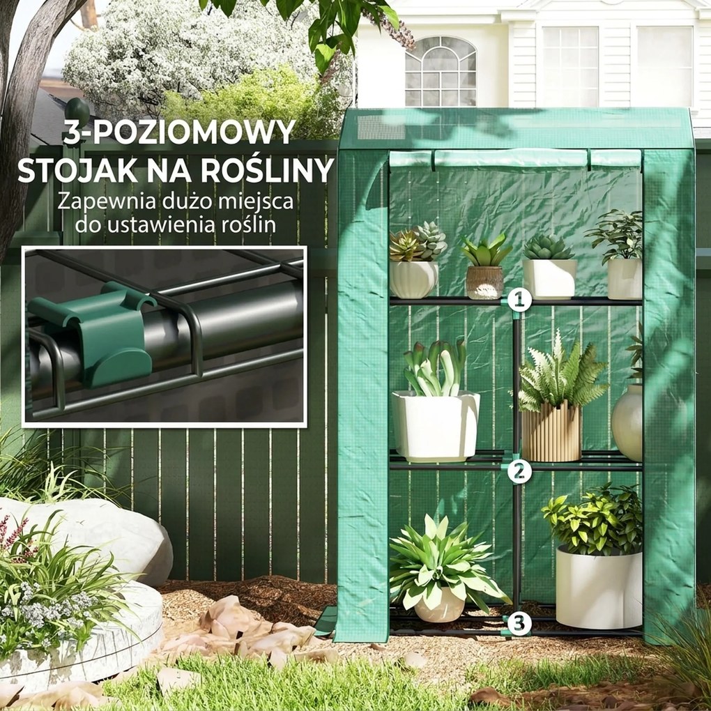 Outsunny Szklarnia z 3-poziomową półką, osłona z tworzywa sztucznego odpornego na UV, rolowane drzwi, 100 x 40 x 150 cm, zielona