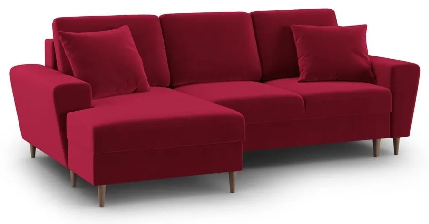Czerwony aksamitny rozkładany narożnik ze schowkiem (lewostronny/z szezlongiem) Kyoto – Cosmopolitan Design