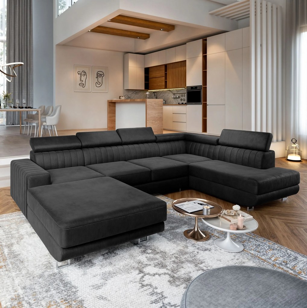 Masseno Narożnik SIENA z funkcją spania i pojemnikiem na pościel Narozniki U, Rozkładana sofa - Czarny, MONOLITH 95