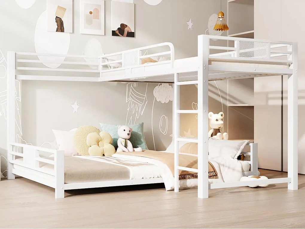 Piętrowe łóżko z metalu w kształcie litery L - 90x200 cm + 140x200 cm - z barierkami bezpieczeństwa i drabiną - Metal - Biały​ (Materac nie jest wliczony w cenę)