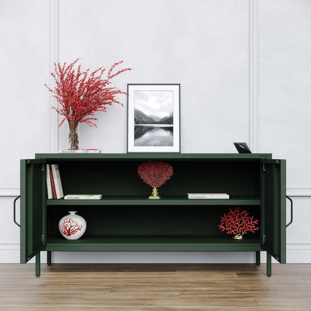 Szafka RTV metalowa na nóżkach butelkowa zieleń, 1150x595x400 mm: ROSA Modern