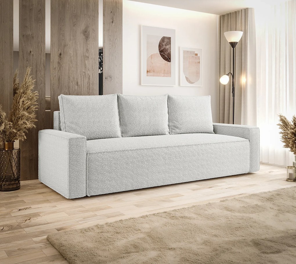 Biała sofa rozkładana boucle z pojemnikiem T7-A72