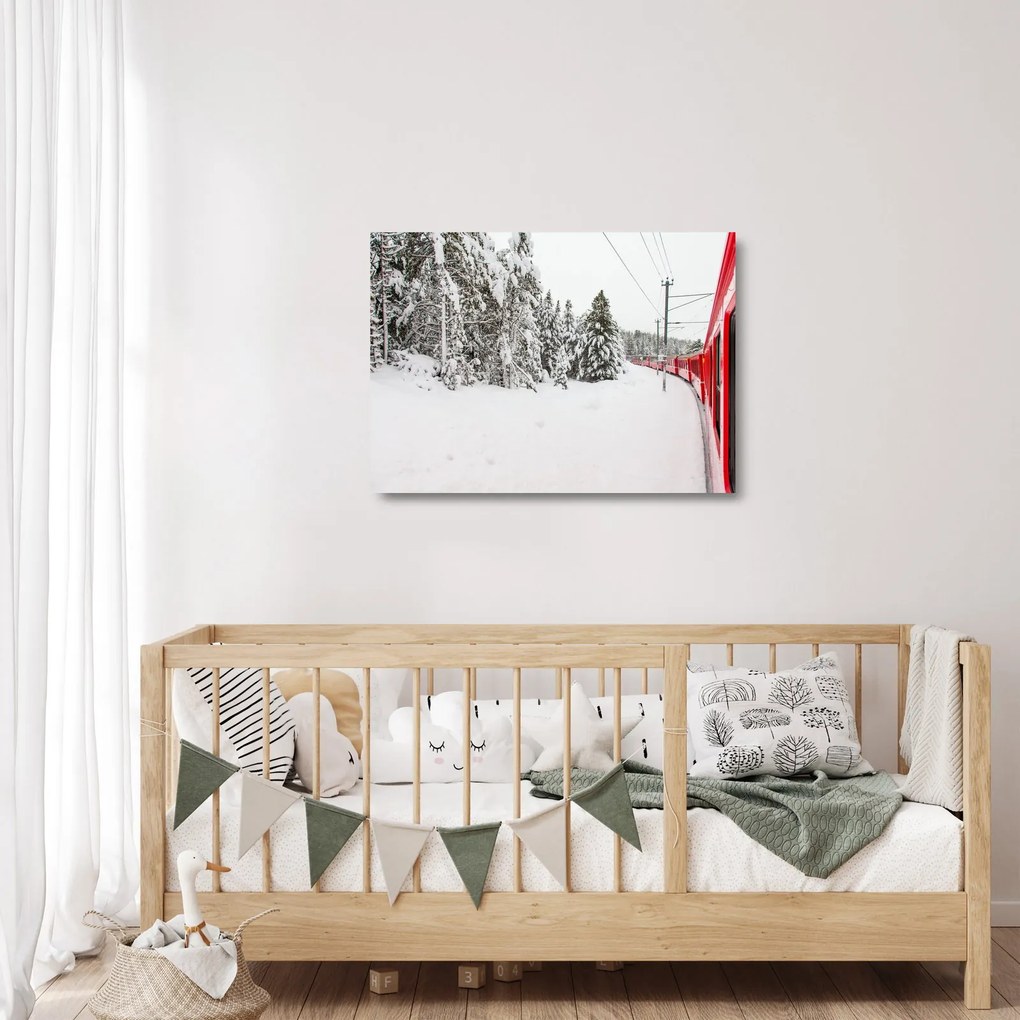 Obraz na szkle - Pociąg w zaśnieżonym krajobrazie (70x50 cm)
