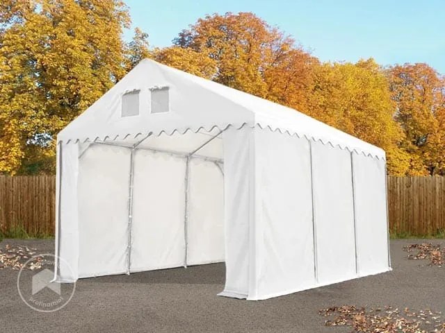 TOOLPORT 4x14m Namiot magazynowy - 2,6 m wysokość ścian bocznych, PVC 800, biały, ze statyką (podłoże gruntowe) - (527632)