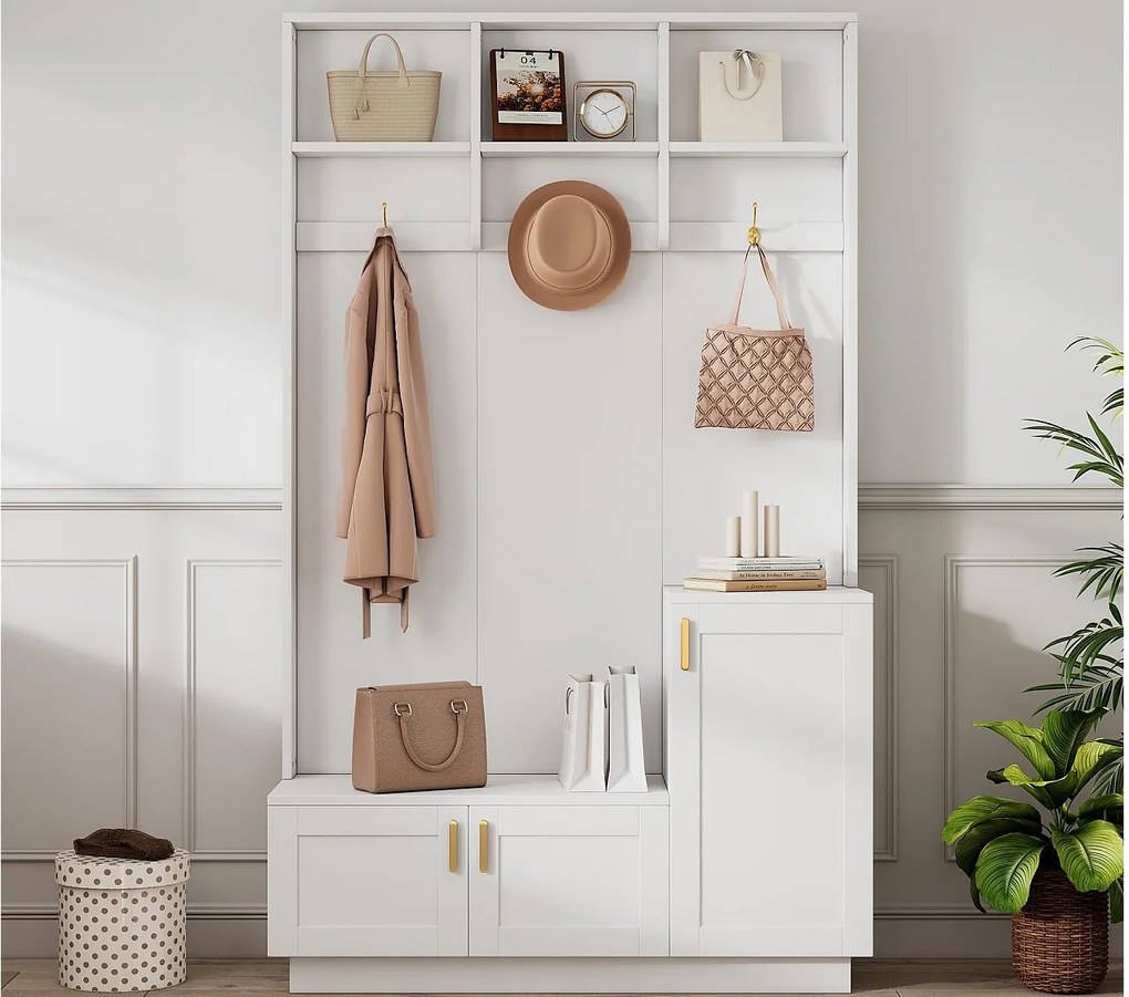Nowoczesna szafa przedpokojowa - z wieszakiem i przechowywaniem butów - Ławka z miejscem do przechowywania - z 3 hakami - Biały