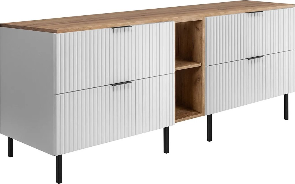 Szafka pod umywalkę, biały/dąb Craft + czarny uchwyt, 180 (2 x 80 + 20) x 77 x 46 cm + blat, czarne nogi