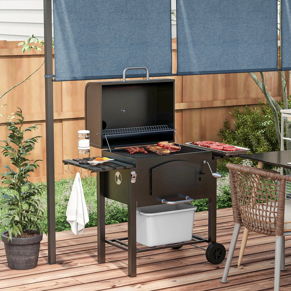 Outsunny Grill węglowy BBQ Smoker z regulowanym basenem węglowym, bocznymi półkami, 124 x 66 x 112 cm, Czarny