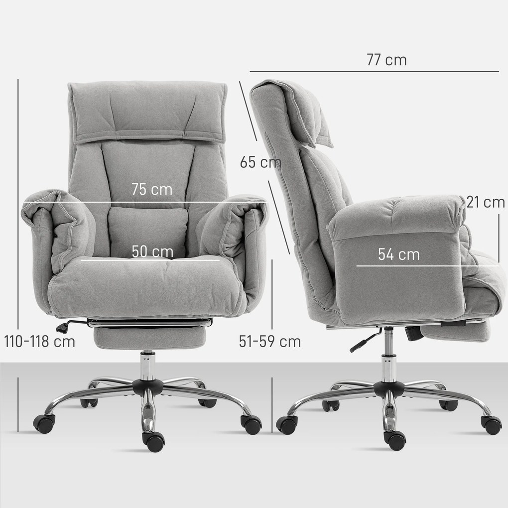 HOMCOM Fotel biurowy odchylany Regulacja wysokości Krzesło biurowe z podłokietnikami podnóżkiem wysokie oparcie 75 x 77 x 110-118 cm Szary | Aosom PL