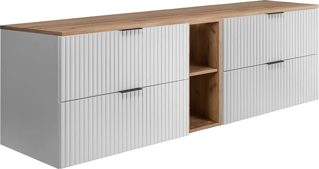 Szafka łazienkowa ryflowana FLOW 180 cm biała z regałem i blatem dąb craft złoty