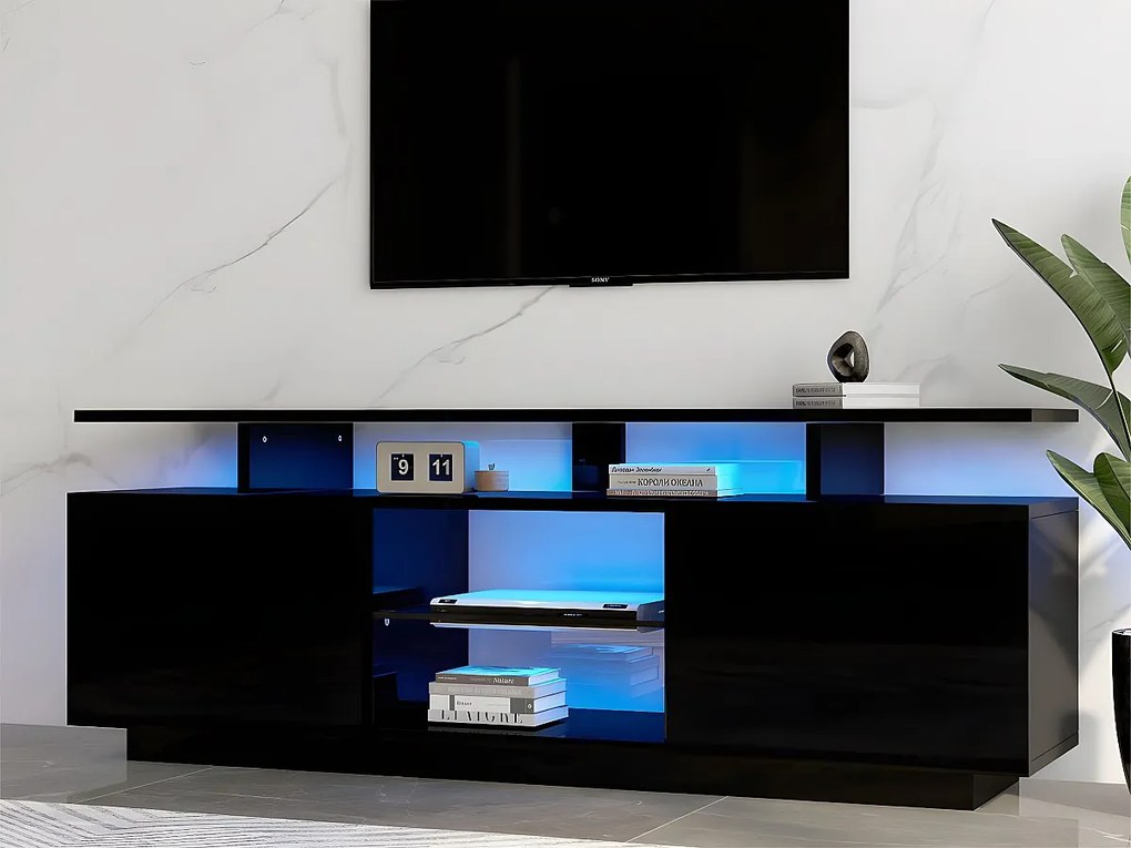 Meble TV 140 cm z oświetleniem LED w 16 kolorach - z przeszklonymi ściankami - Czarny