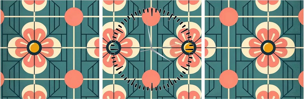 Obraz - Retro wzór z kwiatami (z zegarem) (90x30 cm)