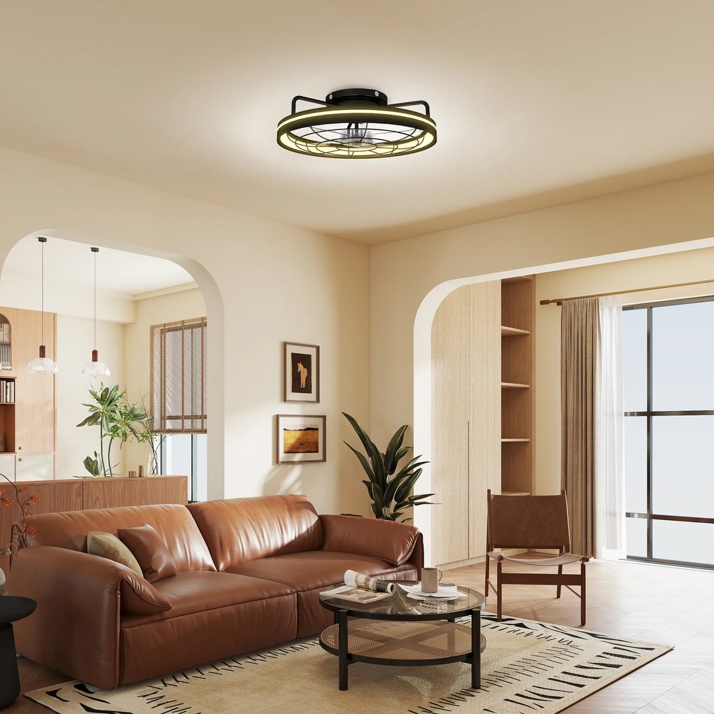 HOMCOM Wentylator sufitowy z lampą i pilotem, 48 cm LED, 3 temperatury światła, 6 prędkości, timer, czarny | Aosom PL