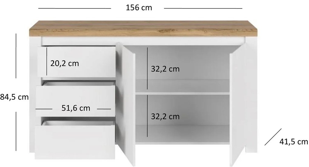 Komoda Dwudrzwiowa z Szufladami Drewniana do Salonu HAVEN 156 cm Biały Połysk/Dąb Wotan Nowoczesna