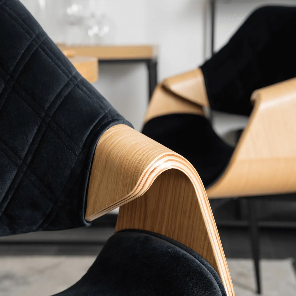 Zestaw Stół Okrągły LINO 100 cm Dąb Złoty/Czarny i 4 Krzesła Tapicerowane z Drewna Giętego DAKOTA Czarne/Dąb Złoty Welurowe Loft