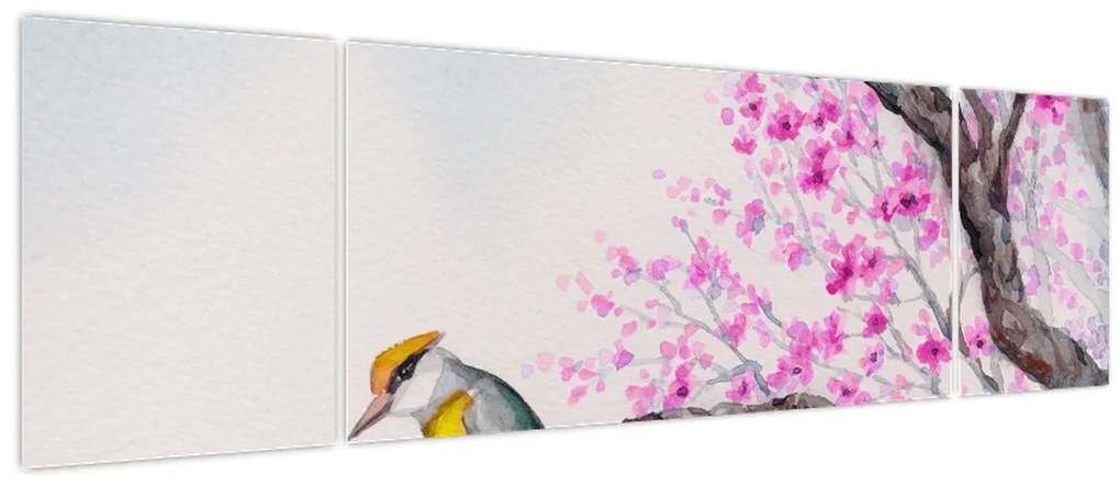 Obraz - ptak na drzewie z różowymi kwiatami (170x50 cm)