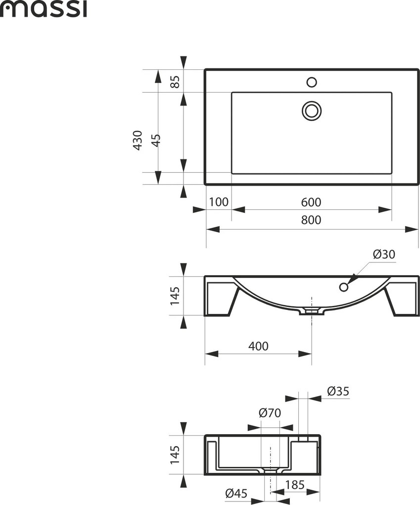 Massi Umywalka nablatowa / wisząca z konglomeratu TAVA cm | Różne rozmiary : Otwory na baterię - Jeden otwór, Rozmiar - 60 x 43 cm, Typ montażu - podwieszana, Wykończenie - w połysku