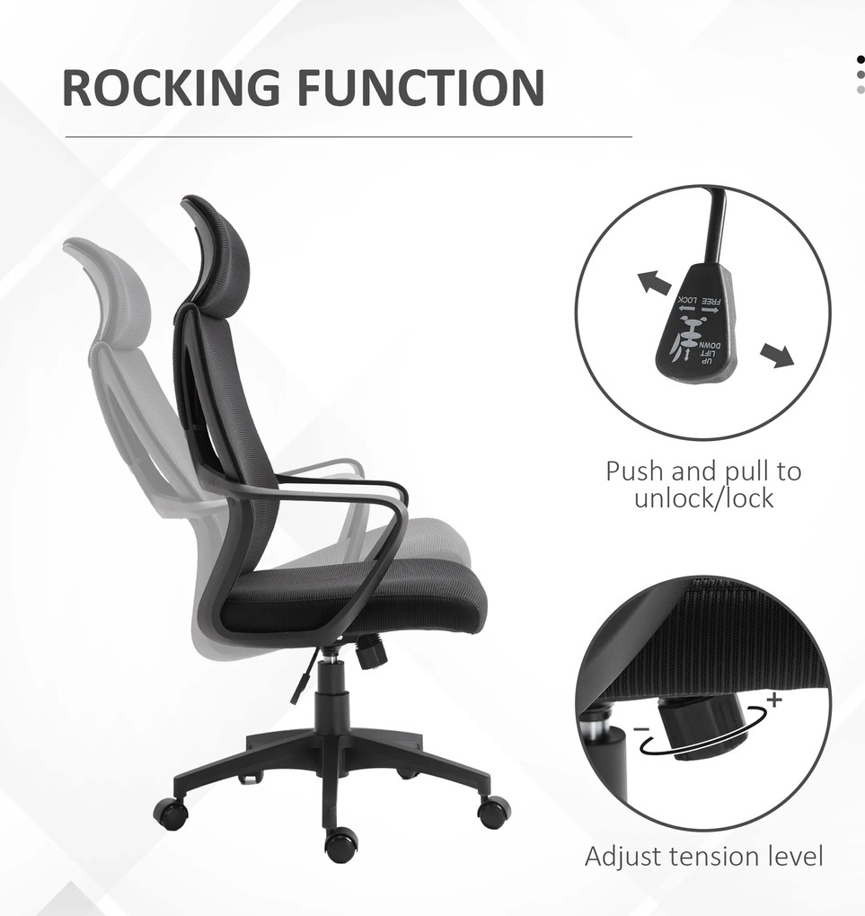 Vinsetto Krzesło Biurowe, Krzesło Biurkowe z Funkcją Bujania, Regulowane z Podparciem Głowy, Wsparciem Lędźwiowym - Czarny