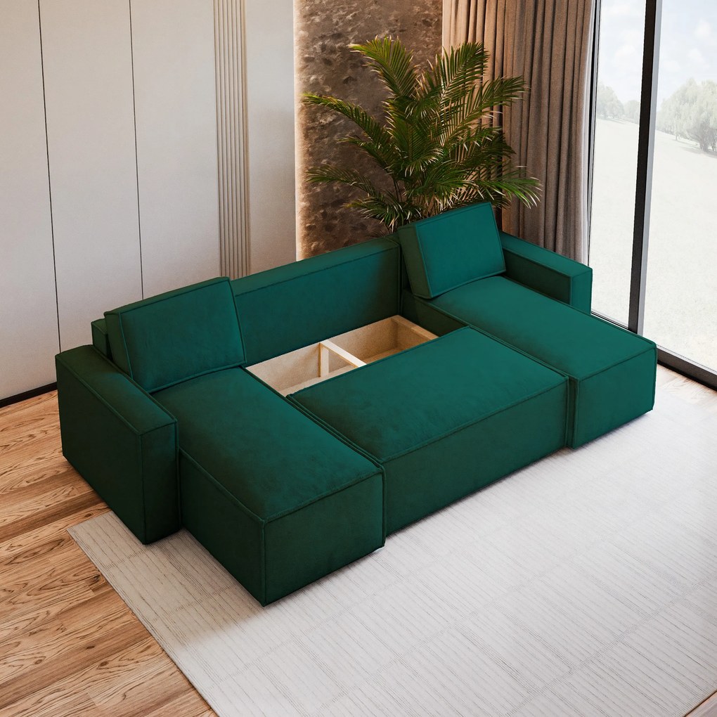 Masseno Narożnik PESANO z funkcją spania i pojemnikiem na pościel Narozniki U, Rozkładana sofa - Butelkowa zieleń, MONOLITH 37