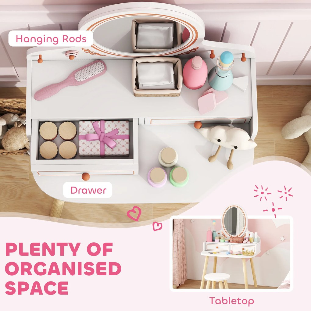 AIYAPLAY Dziecięcy Stolik do Makijażu Zestaw z Taboretem Lustrem Szufladami Drążkami na Ubrania dla 3-8 Lat 56 x 38 x 87,8 cm Biały | Aosom PL
