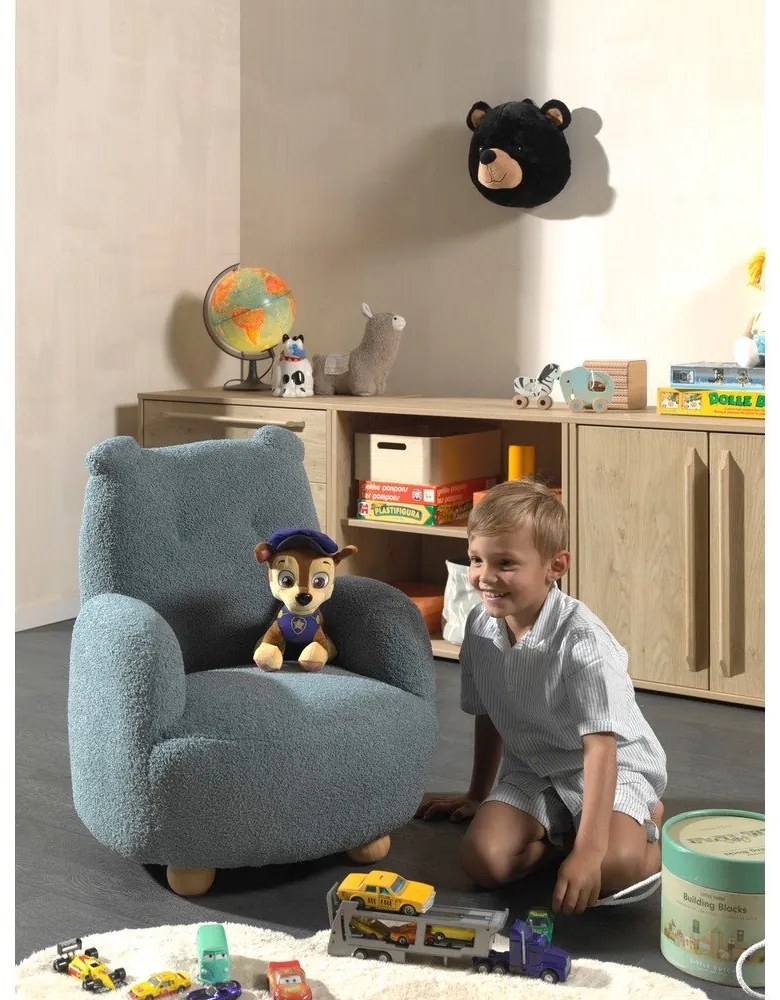 Niebieski fotel dziecięcy z materiału bouclé Rocky – Vipack