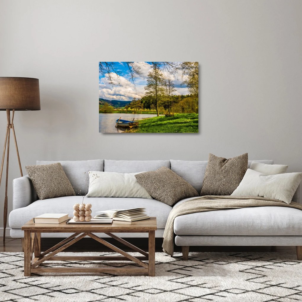Obraz na szkle łodzi nad jeziorem (70x50 cm)