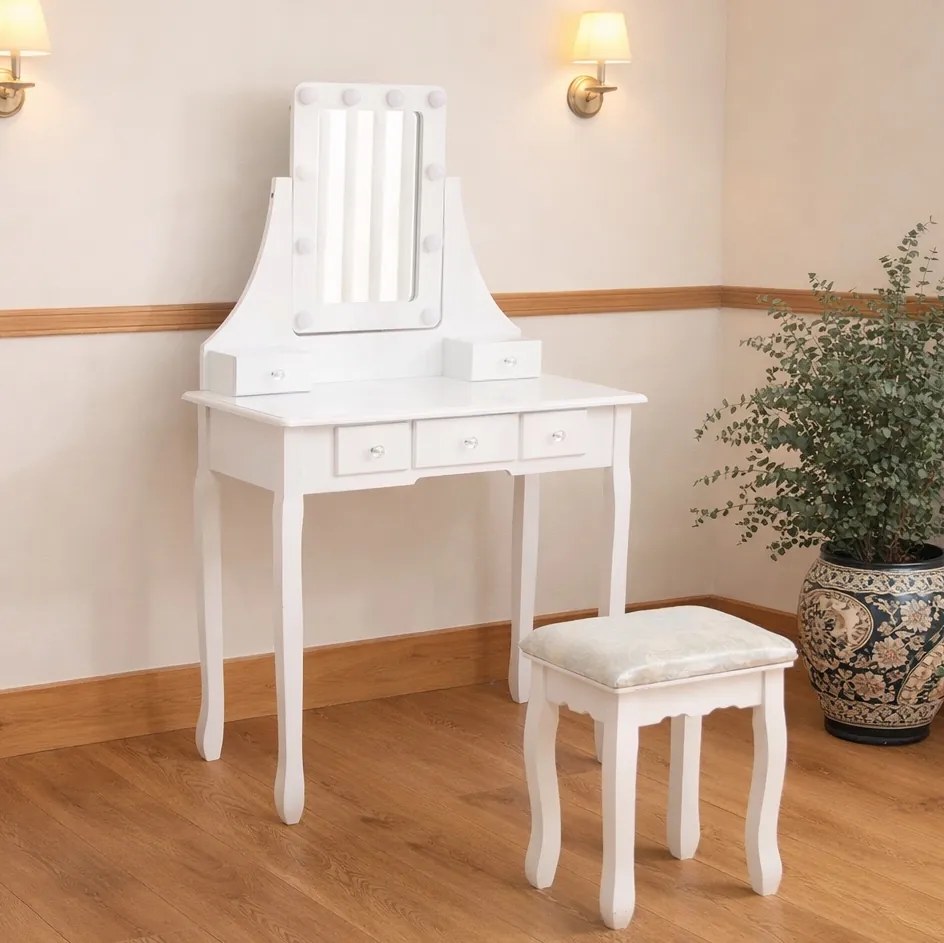 Toaletka retro z lustrem, taboretem i oświetleniem Noemi DT02, kolor biały