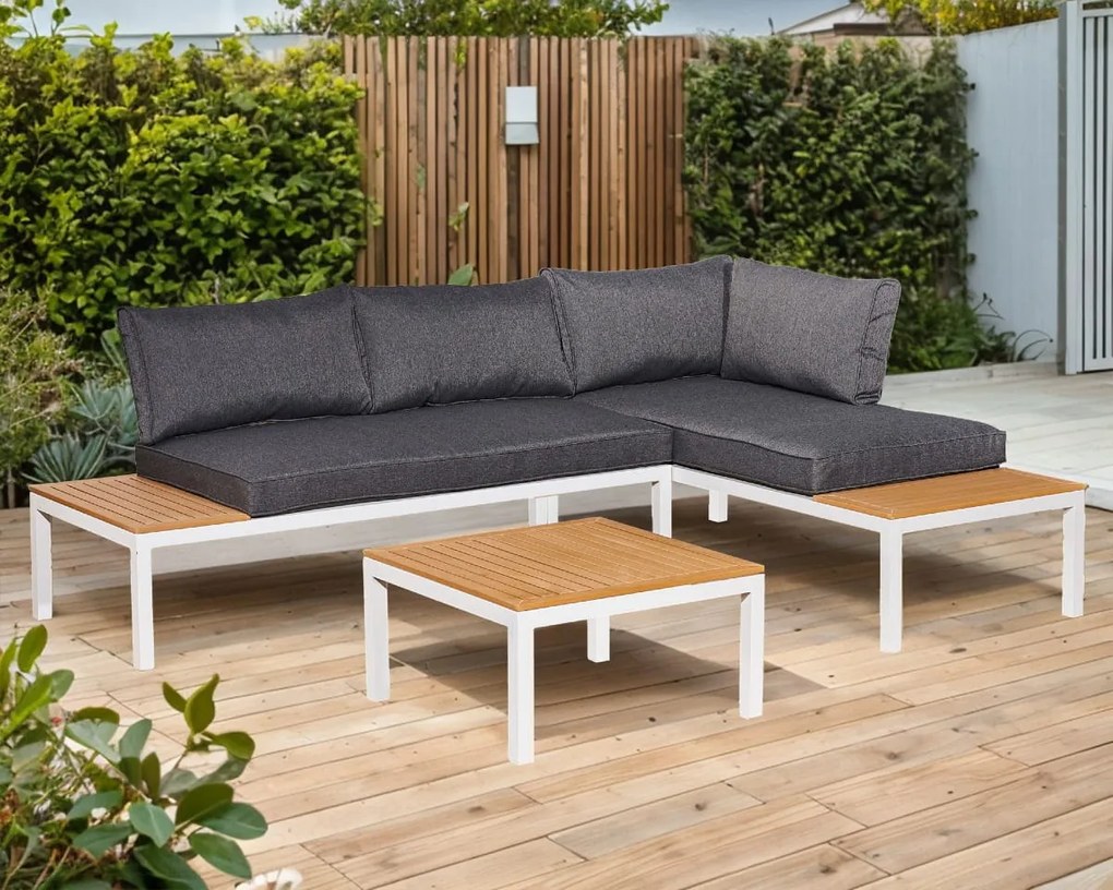 Narożnik Modułowy Stalowy 2 Sofy Stolik Kawowy Biały OUTLET
