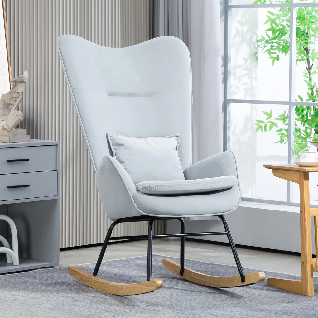 HOMCOM Fotel Bujany, Pokrycie w Aksamitnym Wykończeniu, z Poduszką Lędźwiową, Nośność do 120 kg, 67 x 85 x 112 cm, Jasnoszary