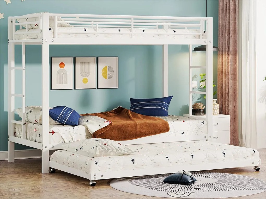 Łóżko piętrowe 90x200cm z metalem - z łóżkiem wysuwanym 90x190cm na kółkach - Białe