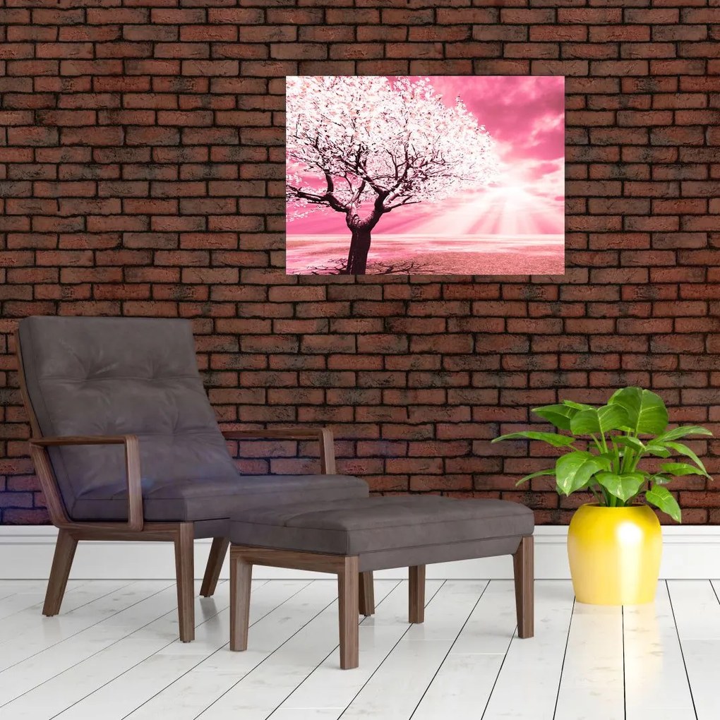 Obraz na szkle - różowy obraz drzewa (70x50 cm)