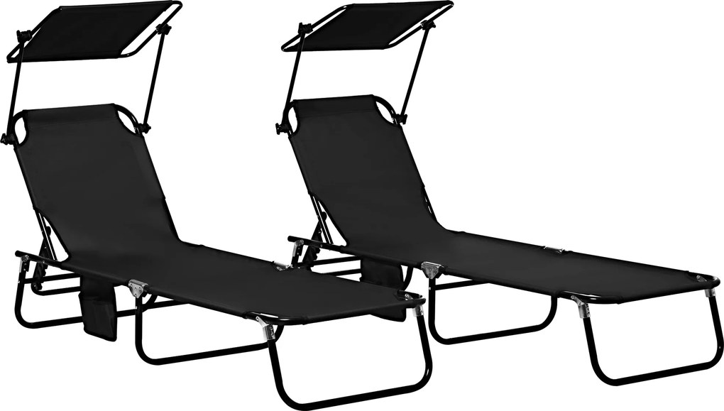 Outsunny Zestaw 2 składanych leżaków ogrodowych z daszkiem przeciwsłonecznym, 5-pozycyjnym regulowanym oparciem, czarny | Aosom PL