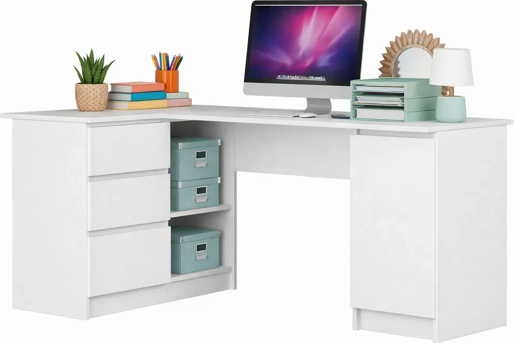 Białe duże biurko narożne lewe z szufladami i szafką S0-M88