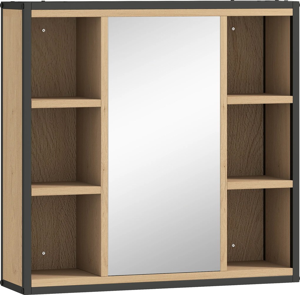 HOMCOM Szafka z lustrem do łazienki, 6 otwartych przegródek, 3-stopniowa półka, montaż ścienny, Dąb