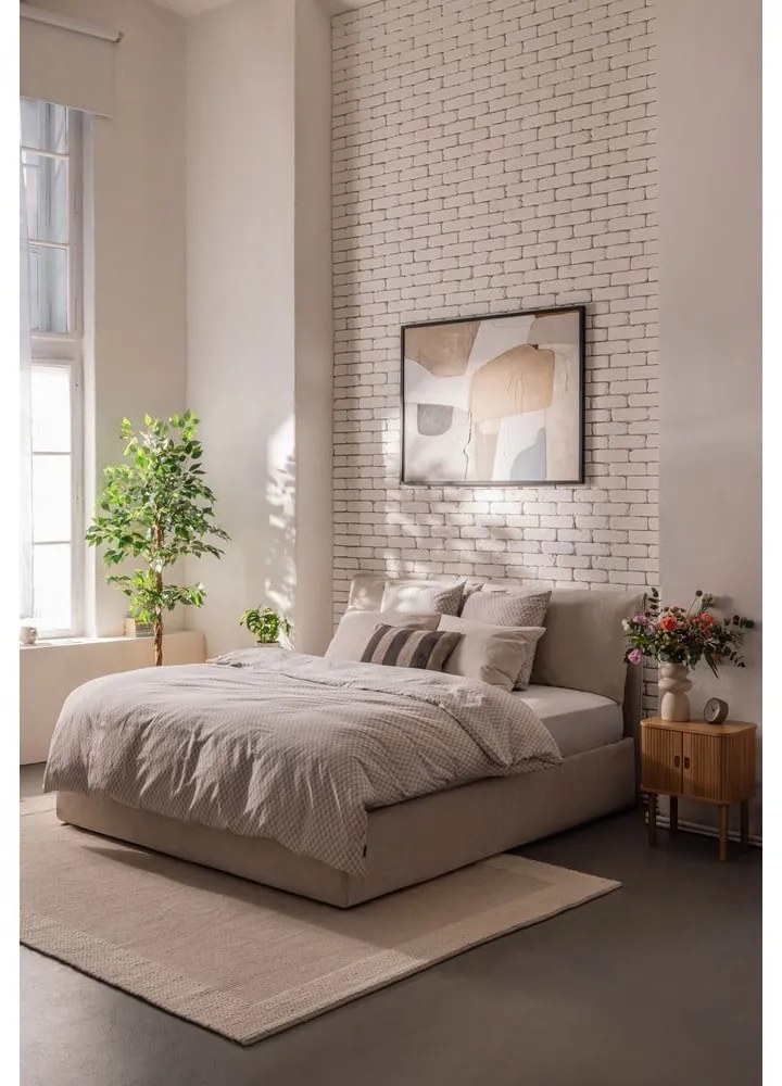 Beżowe tapicerowane łóżko dwuosobowe ze schowkiem i stelażem 180x200 cm Thessa Pillow – Bonami Selection
