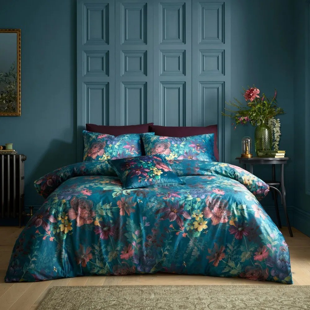 Zielononiebieska aksamitna pościel dwuosobowa 230x220 cm Bridgerton Romantic Floral – Catherine Lansfield