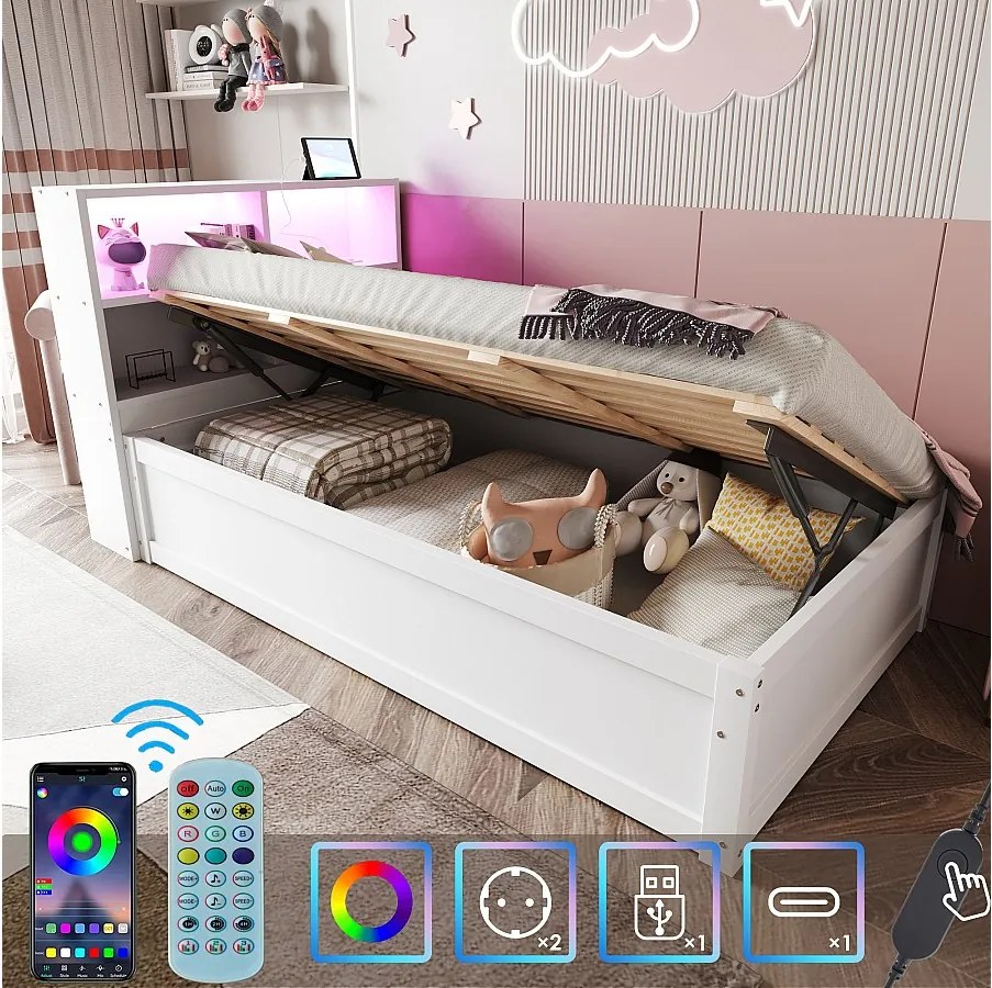 Łóżko z pojemnikiem 90x200 cm z oświetleniem LED i gniazdem USB, listwy drewniane, białe - bez materaca