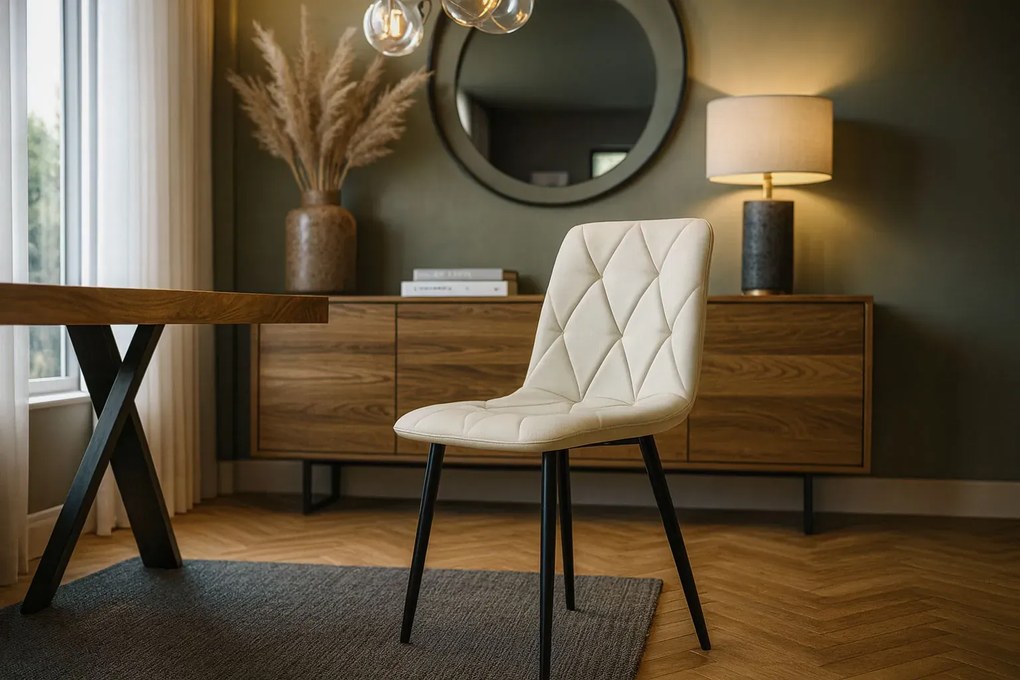 Beżowe krzesło tapicerowane z czarnymi nogami D0-M97