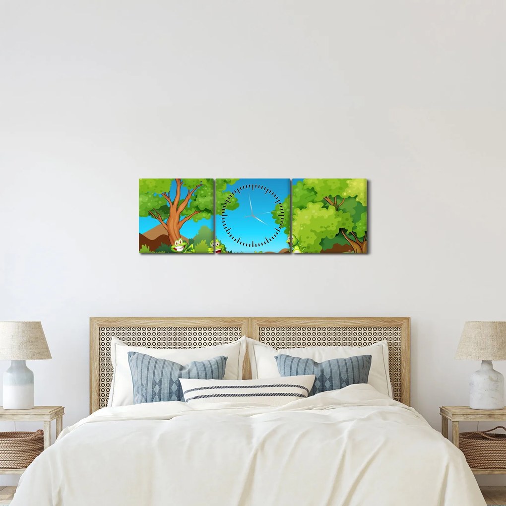 Obraz - Wesołe żaby (z zegarem) (90x30 cm)