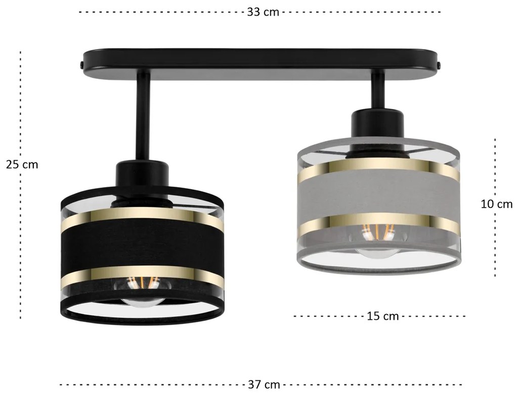 Lampa sufitowa czarna dwupunktowy spot z szaro-czarnymi abażurami T-33