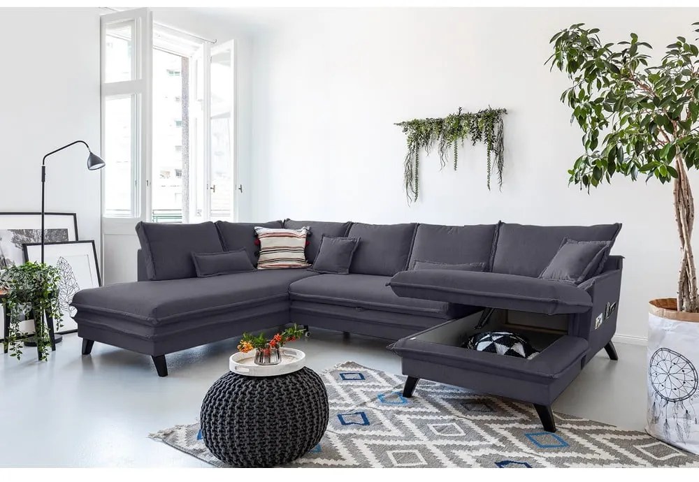 Antracytowa rozkładana sofa w kształcie litery "U" Miuform Charming Charlie, lewostronna