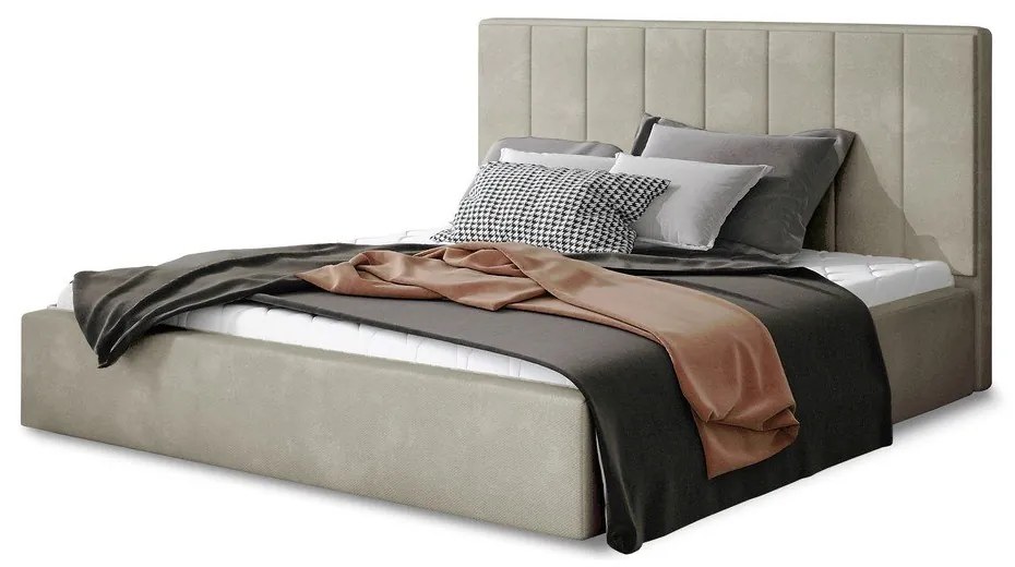 Beżowe tapicerowane łóżko dwuosobowe ze schowkiem ze stelażem 140x200 cm Audrey – ELTAP