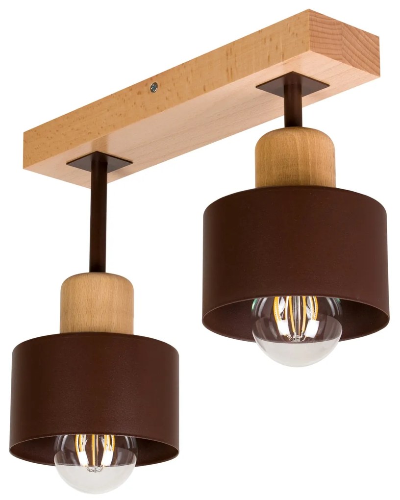 Brązowa lampa sufitowa, dwupunktowy spot DBR30x7BU z drewna i metalu E
