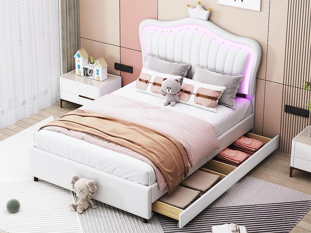 Łóżko dziecięce z ekoskóry 90x200 cm - z LED i 2 szufladami - z stelażem na listwy - Białe