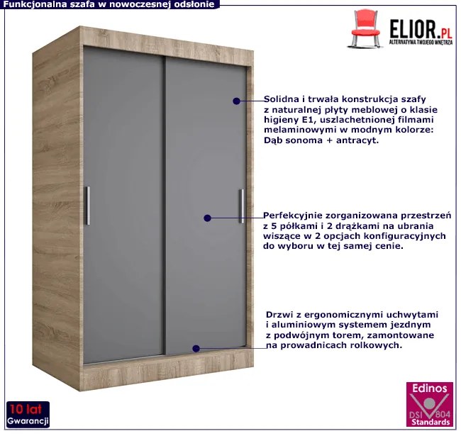 Szafa przesuwna dąb sonoma + antracyt 120 cm - Erco 3X