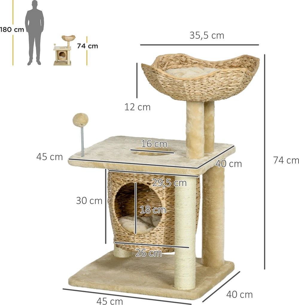 PawHut Drapak dla Kota z Jaskinią, Platformą do Leżenia, Kulą do Zabawy, 45x40x74cm, Beżowy