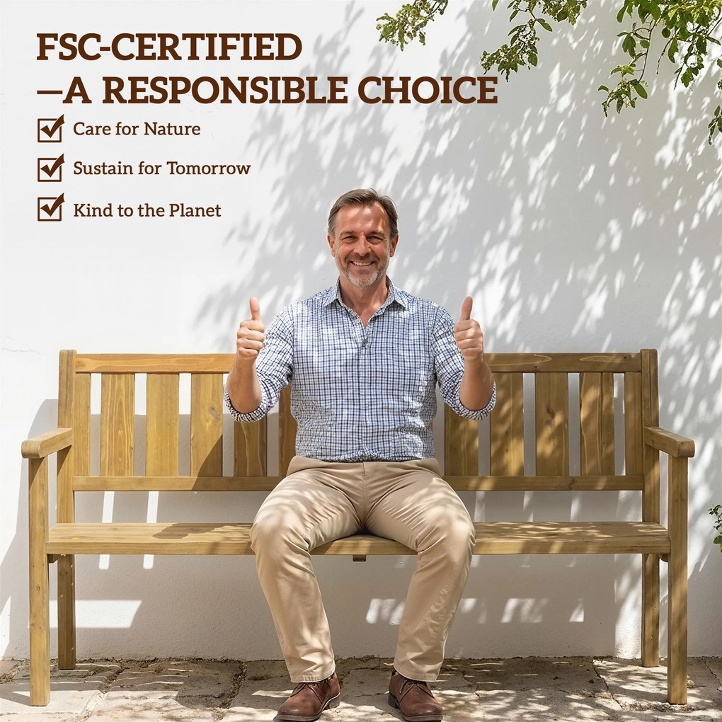 Outsunny Ławka ogrodowa 3-osobowa, odporna na warunki atmosferyczne, z oparciem i podłokietnikami, drewno, 360 kg nośności, teak | Aosom PL