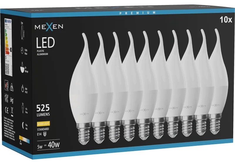 Mexen Nova 10x żarówka LED płomyk E14, C37, 5W, Ciepła - 3000K, 525 lm - L106-E14-0530-01x10