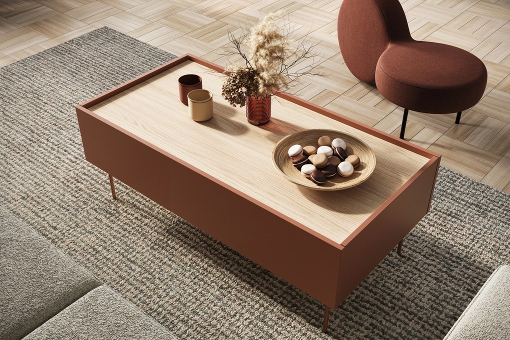 Stolik kawowy Desin 120 cm z szufladami - ceramic red / dąb nagano
