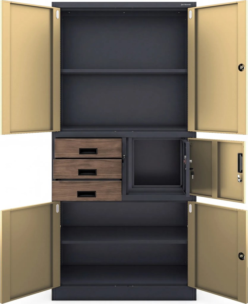 Biurowa szafa metalowa z sejfem antracytowa, orzech, 900x1850x400 mm: FILIP II Eco Design