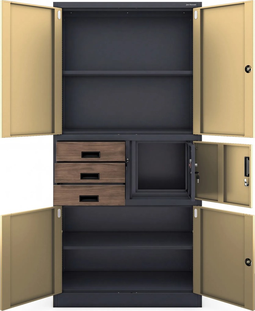 Biurowa szafa metalowa z sejfem antracytowa / orzech: Eco Design FILIP II, 900 x 1850 x 400 mm
